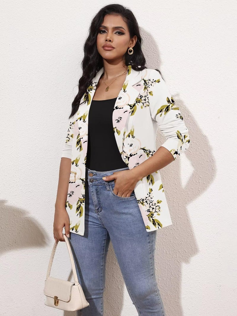 Genhoo Women Blazers for Work Casual Lightweight Floral Suit Jackets Blazer with Zipper Pockets White L - Image 2
