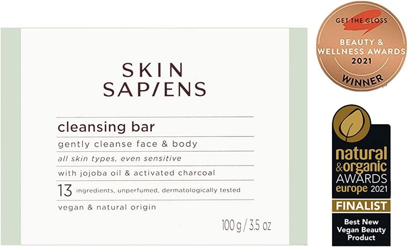 SKIN SAPIENS Activated Charcoal Cleansing Bar for Sensitive Skin Natural Face and Body Soap with Jojoba Oil Cruelty Free and Vegan Original Unscented Wash for Men and Women 100g