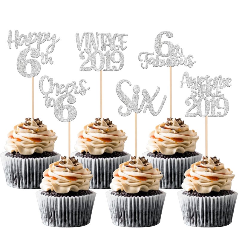 RSSTARXI 24 Pack Vintage 2019 Cupcake Toppers Glitter Six Heaits to 6 Fabulous 6th Birthday Cupcake Picks for Happy 6th Birthday Anniversary Cake Cake Decorations Silver - Image 1