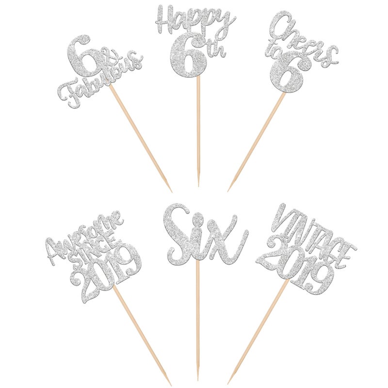 RSSTARXI 24 Pack Vintage 2019 Cupcake Toppers Glitter Six Heaits to 6 Fabulous 6th Birthday Cupcake Picks for Happy 6th Birthday Anniversary Cake Cake Decorations Silver - Image 2