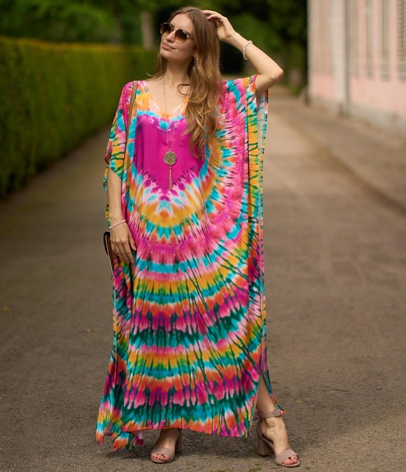 IMAGEKOPE Women's Plus Size Moroccan Print V-Neck Batwing Kaftan Loose Fit Beach Dress Bathing Suit Cover Up - Image 2