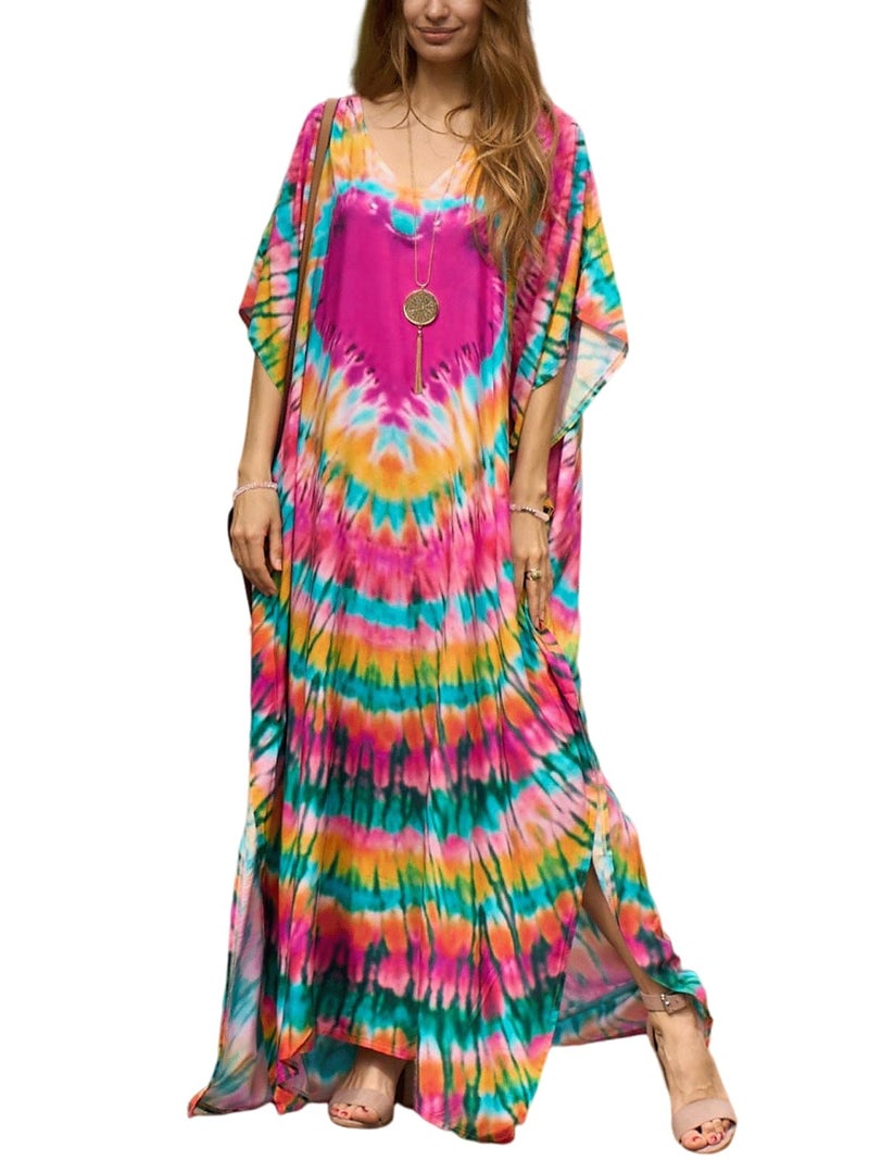 IMAGEKOPE Women's Plus Size Moroccan Print V-Neck Batwing Kaftan Loose Fit Beach Dress Bathing Suit Cover Up - Image 1