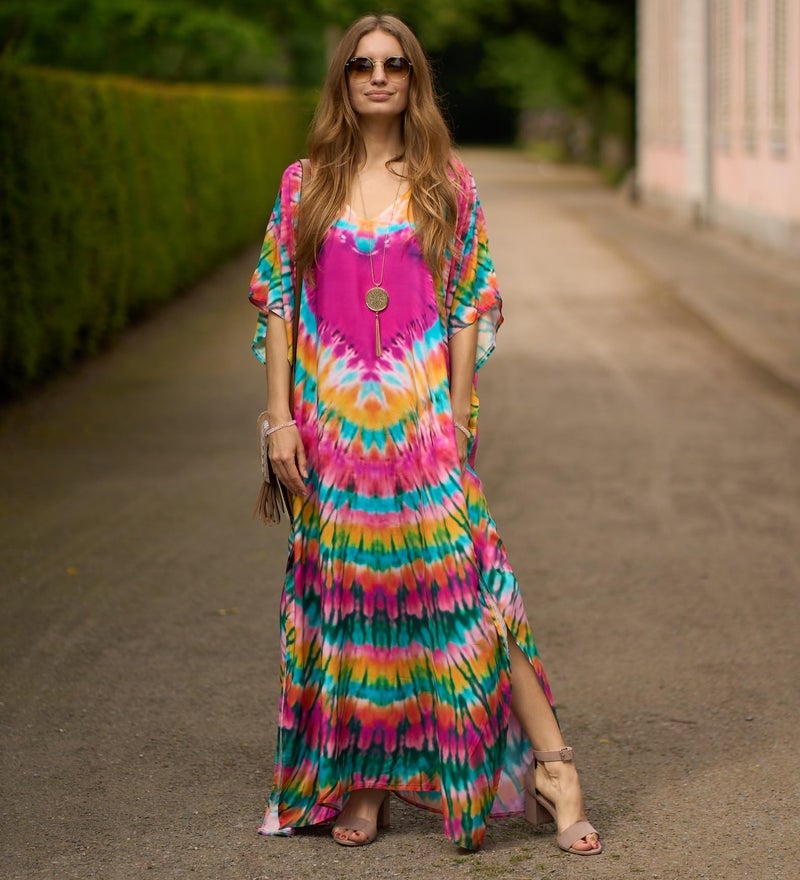 IMAGEKOPE Women's Plus Size Moroccan Print V-Neck Batwing Kaftan Loose Fit Beach Dress Bathing Suit Cover Up - Image 3