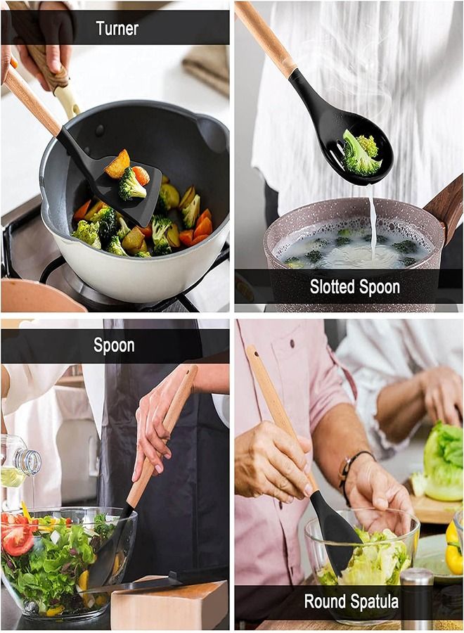 11- Piece Wooden Handle Non Stick Cookware Spoon Set Black - Image 3