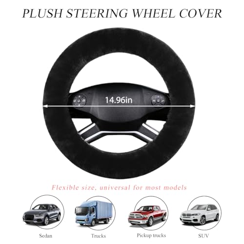 NYTKL Car Fuzzy Steering Wheel Cover, 15 inch Fluffy Soft Steering Wheel Protector for Winter Warm, Anti-Slip Fuzzy Plush Vehicle Wheel Wrap Cover Interior Decoration for Women Men (Black) - Image 2
