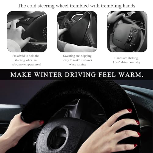 NYTKL Car Fuzzy Steering Wheel Cover, 15 inch Fluffy Soft Steering Wheel Protector for Winter Warm, Anti-Slip Fuzzy Plush Vehicle Wheel Wrap Cover Interior Decoration for Women Men (Black) - Image 5