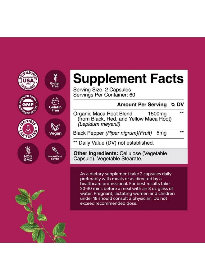 Natures Craft كبسولات جذر الماكا العضوي للنساء - مكمل عشبي قوي مع مزيج معزز للإناث من جذر الماكا الأحمر والأصفر والأسود - معتمد خالي من الكائنات المعدلة وراثيًا ونباتي وخالي من الغلوتين بدون ألوان صناعية - 120 حبة - Image 2