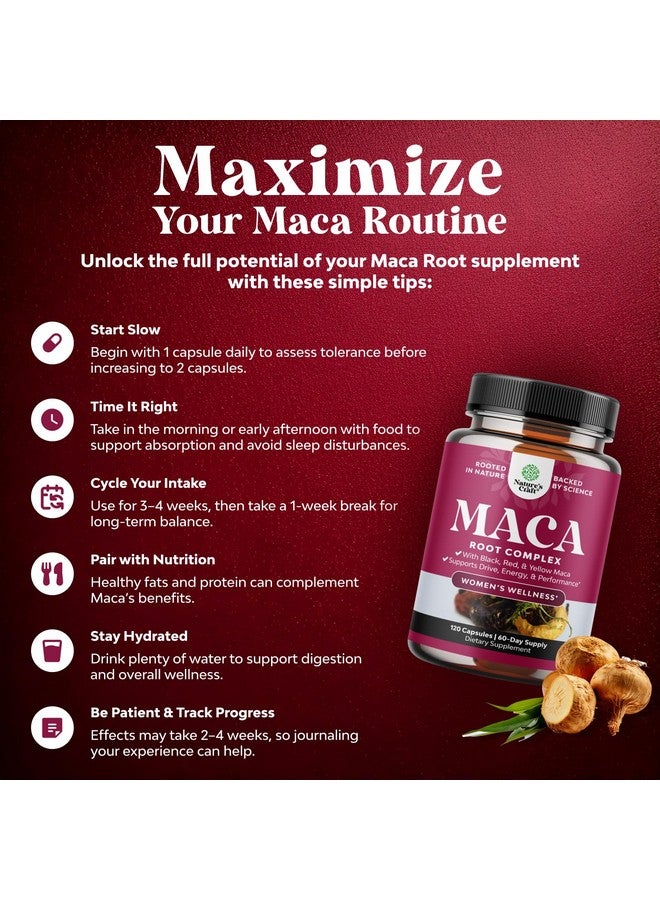 Natures Craft كبسولات جذر الماكا العضوي للنساء - مكمل عشبي قوي مع مزيج معزز للإناث من جذر الماكا الأحمر والأصفر والأسود - معتمد خالي من الكائنات المعدلة وراثيًا ونباتي وخالي من الغلوتين بدون ألوان صناعية - 120 حبة - Image 3