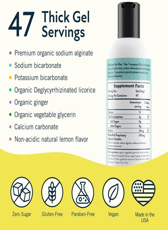 RefluxRaft Acid Reflux Therapy with Organic Alginate, Rapid & Long Lasting Gerd, LPR & Digestion Symptom Support, Zero Sugar, Gluten Free, Low Sodium, Lemon Ginger Flavor, 47 Gel Servings, 8 OZ Bottle - Image 3