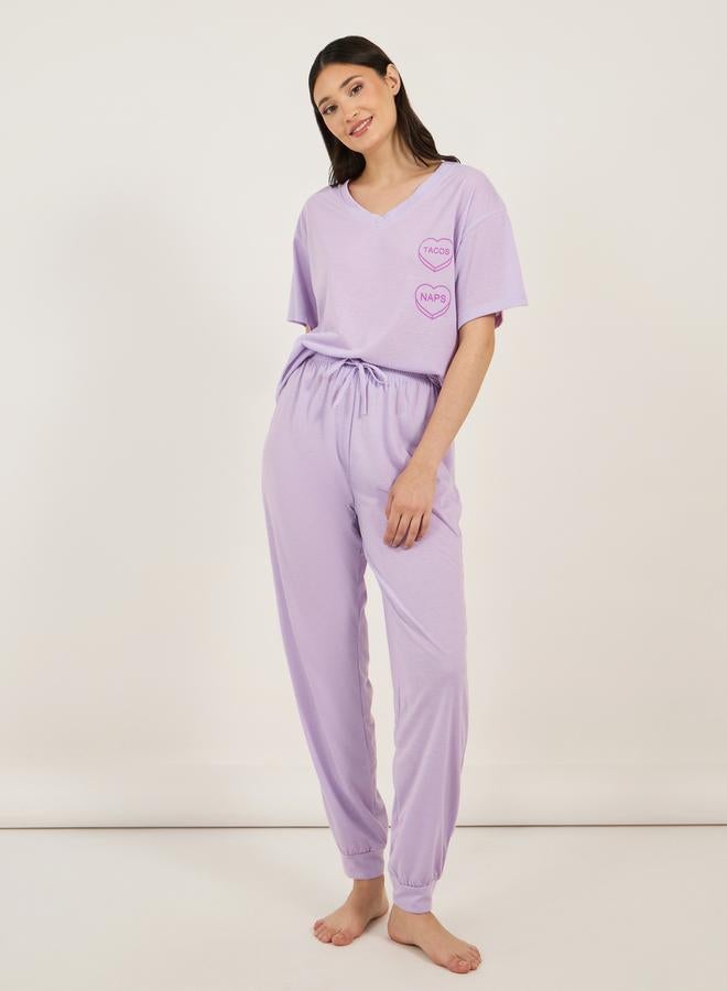 Styli Tacos & Naps Dropped Shoulder V Neck T-Shirt & Cuffed Pyjama Set  - Image 1