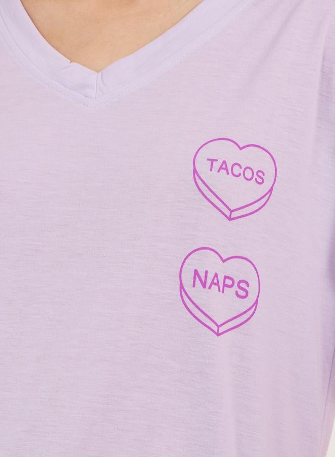 Styli Tacos & Naps Dropped Shoulder V Neck T-Shirt & Cuffed Pyjama Set  - Image 4