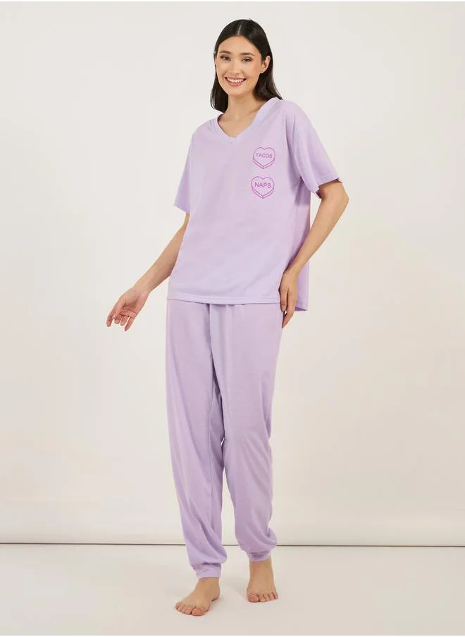 Styli Tacos & Naps Dropped Shoulder V Neck T-Shirt & Cuffed Pyjama Set