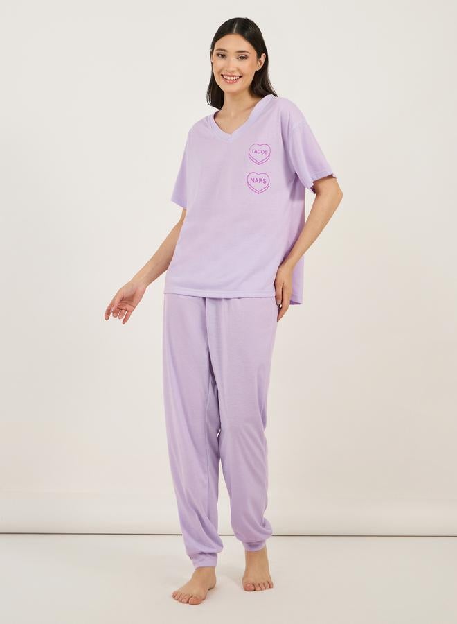 Styli Tacos & Naps Dropped Shoulder V Neck T-Shirt & Cuffed Pyjama Set  - Image 2