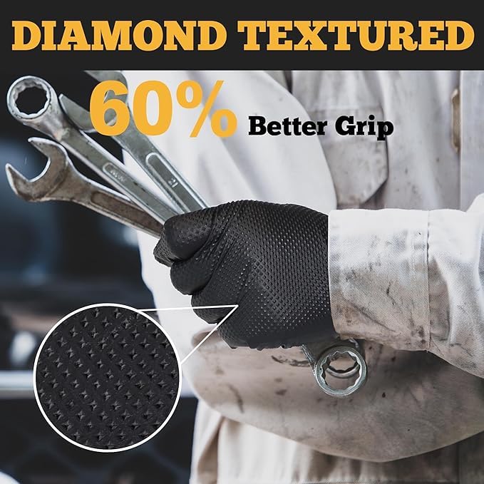 TitanFlex Heavy Duty Black Nitrile Gloves, XL, 6 Mil with Raised Diamond Texture, Industrial Work Gloves Disposable Latex Free, Powder Free, Mechanic Disposable Gloves (Box of 100) - Image 3