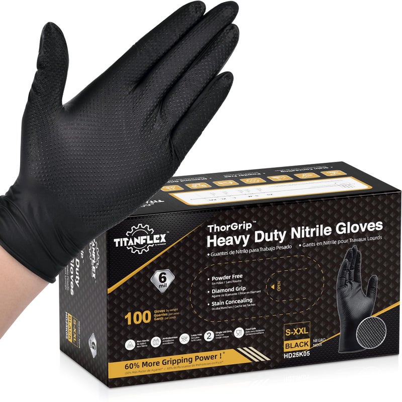 TitanFlex Heavy Duty Black Nitrile Gloves, XL, 6 Mil with Raised Diamond Texture, Industrial Work Gloves Disposable Latex Free, Powder Free, Mechanic Disposable Gloves (Box of 100) - Image 1