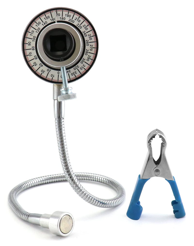 QWORK Torque Angle Gauge 12 Drive Ratchet Torque Wrench Angle Gauge Angle Wrench Gaug with 165 Flexible Clamp Arm Steel