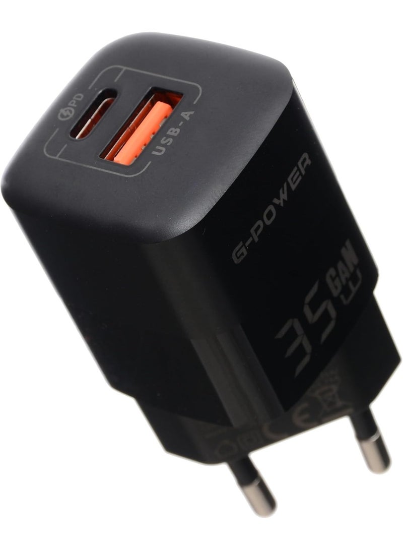 جي باور شاحن G-Power GP-C4 بقوة 35 واط، مزود بمنفذي USB-A و USB-C، يدعم تقنية الشحن السريع Qualcomm Quick Charge 3.0، متوافق مع أجهزة iPhone 14/14 Plus/14 Pro/14 Pro Max/13، و Galaxy، و Pixel 4/3، و iPad - أسود - Image 1