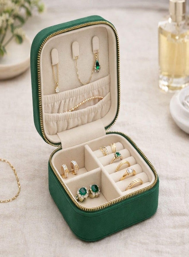 The Messy Corner Blossom Velvet Travel Jewellery Box | Compact & Stylish Organizer Alphabetical Initial | For Women - Emerald Green (Letter S) - Image 4