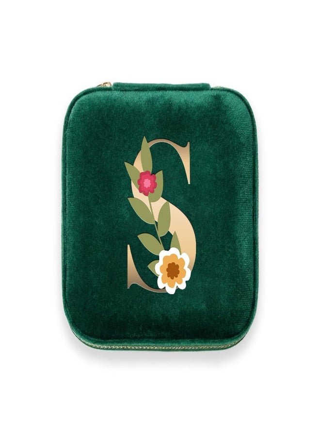 The Messy Corner Blossom Velvet Travel Jewellery Box | Compact & Stylish Organizer Alphabetical Initial | For Women - Emerald Green (Letter S) - Image 1