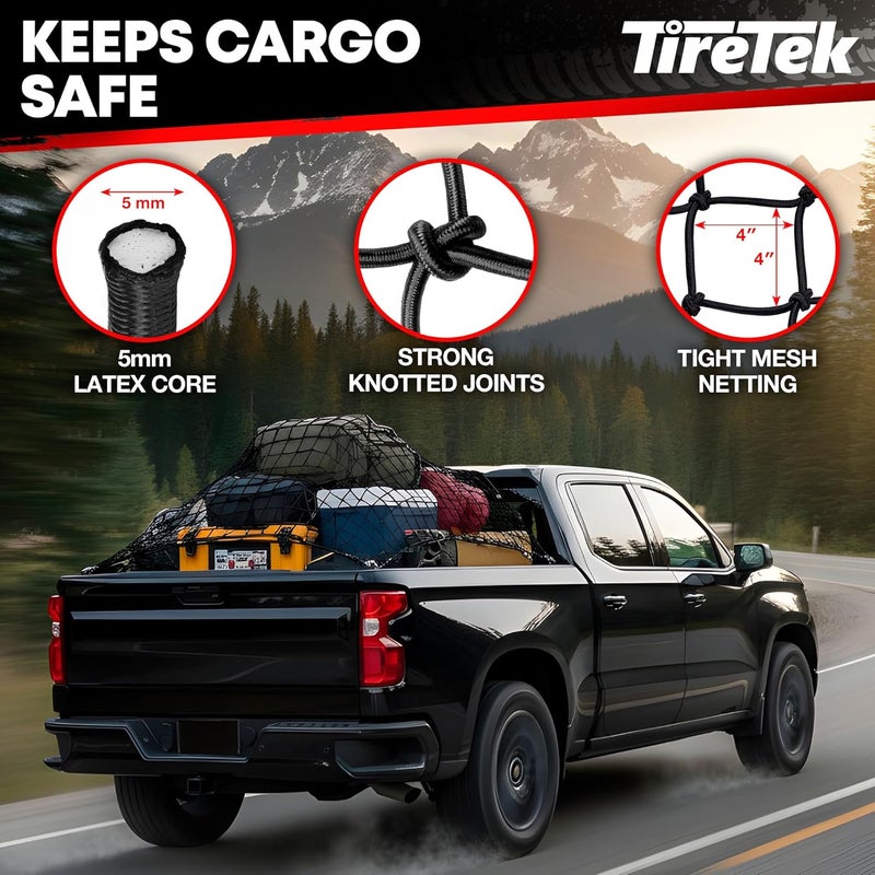 TireTek Cargo Net for Pickup Truck Bed- 4' x 6' Stretches to 8' x 12'- Heavy Duty Small 4”x4” Latex Bungee Net Mesh with 12 Metal Carabiners - Compatible with Ford, Dodge RAM, Chevy, Toyota - Image 3