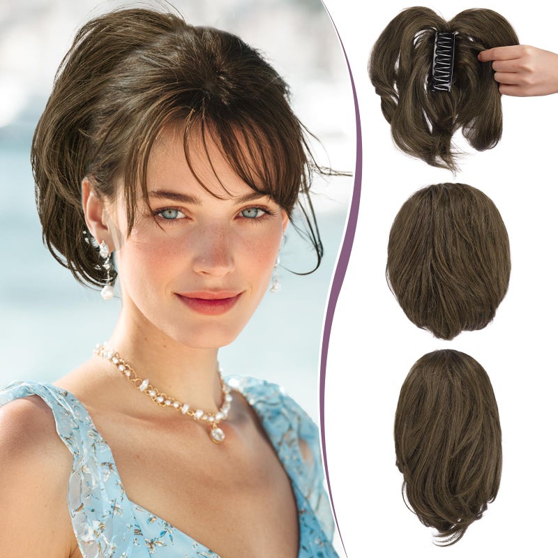RUWISS Claw Clip Short Human Hair Ponytail Extension with Bendable Metals for DIY Styles, Straight Messy Bun Hair Piece for Women Thick Hairpieces for Daily Wear, 9 Inch Brown - Image 1