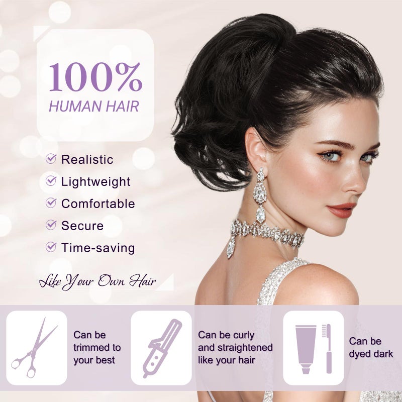 RUWISS Claw Clip Short Human Hair Ponytail Extension with Bendable Metals for DIY Styles, Straight Messy Bun Hair Piece for Women Thick Hairpieces for Daily Wear, 9 Inch Brown - Image 5