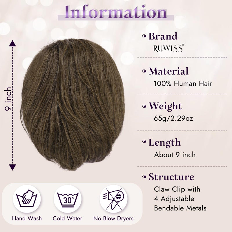 RUWISS Claw Clip Short Human Hair Ponytail Extension with Bendable Metals for DIY Styles, Straight Messy Bun Hair Piece for Women Thick Hairpieces for Daily Wear, 9 Inch Brown - Image 2