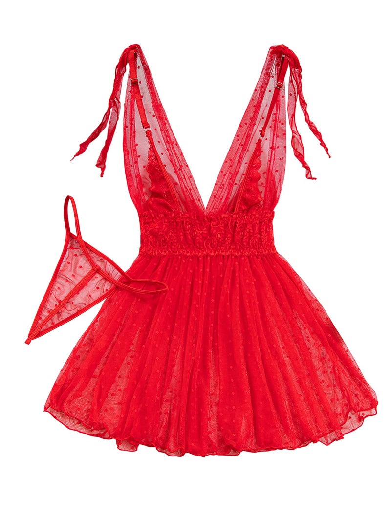 Lilosy Sexy Polka Dots Mesh Sheer Babydoll Chemise Lingerie Set Floral Lace Sleep Wear Women Deep V Slip Night Dress Nighty Negligee Gown With Thong 2 Piece Bright Red Medium - Image 5