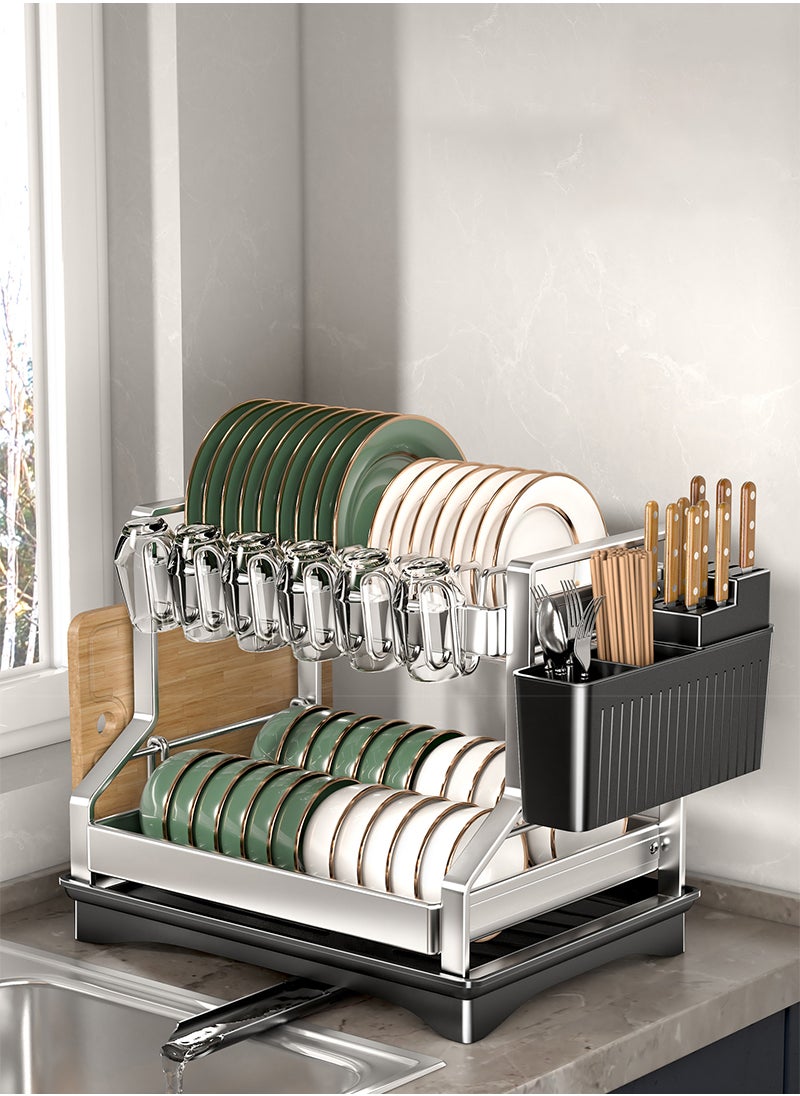 Sharpdo - Stainless Steel Double-Layer Dish Rack Cup Rack Kitchen Storage Rack with Drain Rack, Knife and Chopstick Holder, Cutting Board Rack - Image 1