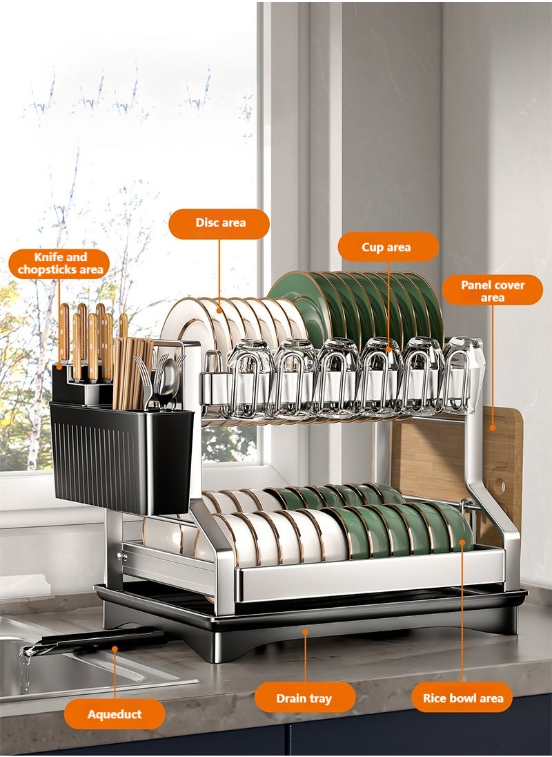 Sharpdo - Stainless Steel Double-Layer Dish Rack Cup Rack Kitchen Storage Rack with Drain Rack, Knife and Chopstick Holder, Cutting Board Rack - Image 1