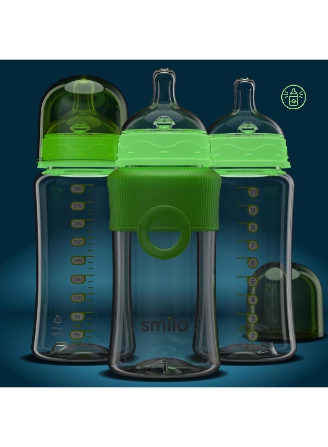 Smilo Baby Bottle Set with Stage 0 Slow Flow Anti Colic Nipple, 10 Oz / 300 ml Capacity, 3X Pack of Anti Colic Baby Bottles 0-3 Months - Glow in The Dark - Image 2