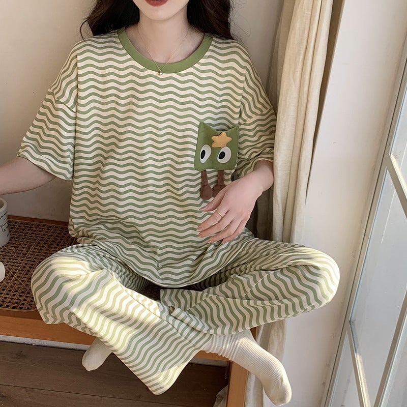 Pajamas womens summer cotton high quality short-sleeved trousers pullover striped cartoon sweet female student casual home wearHMF-33508 HMF-33508