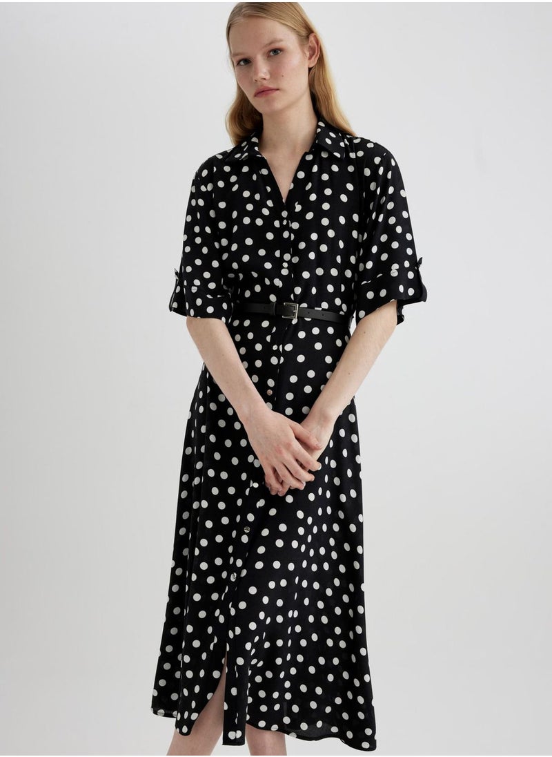DeFacto - Shirt Collar Printed Midi Short Sleeve Woven Dress - Image 1