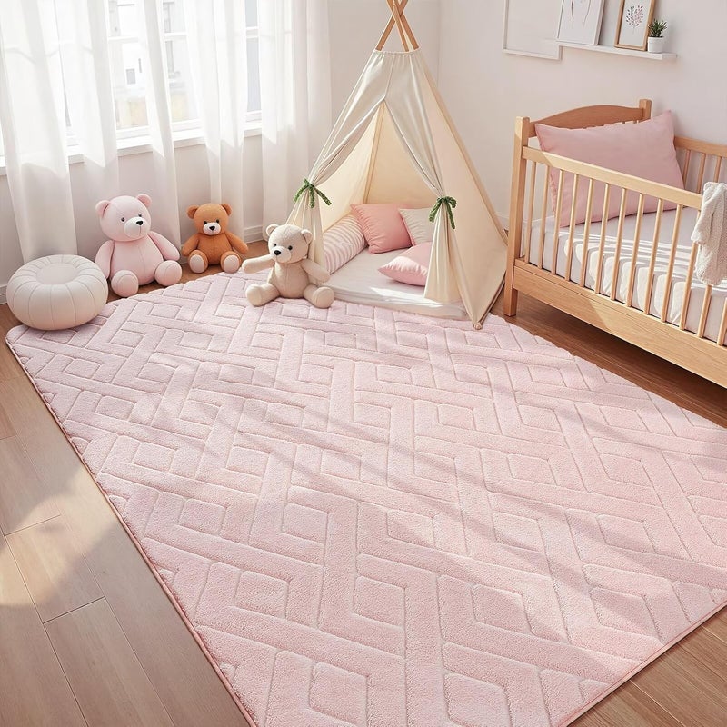Macgace Ultra Soft Pink Area Rug for Living Room, 5x7 Modern Geometric Shag Rugs with Nonslip Backing for Bedroom, Washable Fuzzy Carpet for Cozy Kids Girls Room Nursery - Image 3