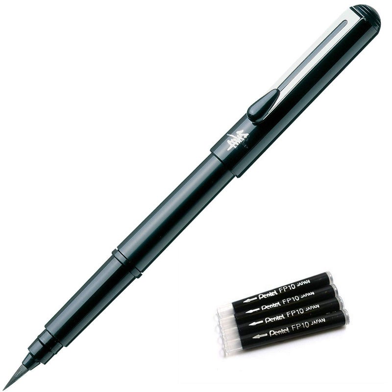 Pentel Arts Portable Pocket Brush Pen (Medium Point) 1Pen 2Refills +Refill FP10 4set - Image 1