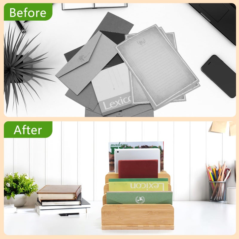 Deefielly Desk File Mail Organizer Countertop, 5 Slots Bamboo Folder Sorter Holder for Letter, Envelope, Paper, Bill Filing, Desktop Tray Organizer for Office & Home - Image 3