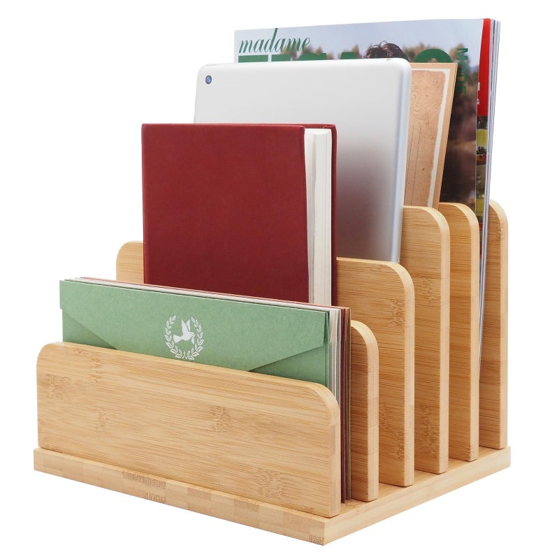 Deefielly Desk File Mail Organizer Countertop, 5 Slots Bamboo Folder Sorter Holder for Letter, Envelope, Paper, Bill Filing, Desktop Tray Organizer for Office & Home - Image 1