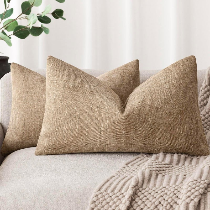 Foindtower Pack of 2 Soft Textured Chenille Throw Decorative Pillow Covers Square Accent Solid Cushion Cover Neutral Lumbar Pillow Case for Couch Sofa Bedroom Living Room 12x20 Inch,Taupe Khaki Camel - Image 1