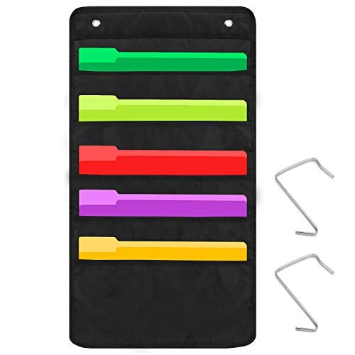 Sinzip Heavy Duty 5 Pocket Door Hanging File Organizer, Black Wall Storage Pocket Charts with 2 Hangers, Great for Classroom, School, Home or Office Use (5 Pocket) - Image 1