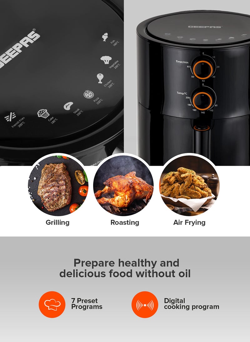 GEEPAS Air Fryer 4 L Pot| Non-Stick Coating with Vortex Frying Technology| Multiple Function, 1-60 Min Timer, Temperature 80-200 Degree Celsius| Ideal for Fries Steak Chicken Cake Meat Bread etc| 2 Years Warranty 4 L 1500 W GAF37513 Black - Image 3