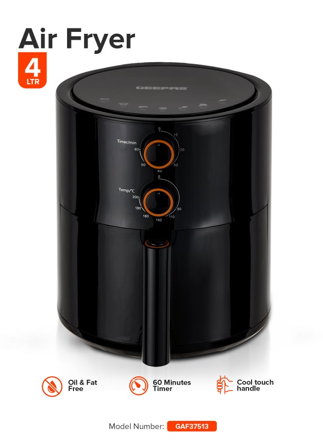 Air Fryer 4 L Pot| Non-Stick Coating with Vortex Frying Technology| Multiple Function, 1-60 Min Timer, Temperature 80-200 Degree Celsius| Ideal for Fries Steak Chicken Cake Meat Bread etc| 2 Years Warranty 4 L 1500 W GAF37513 Black