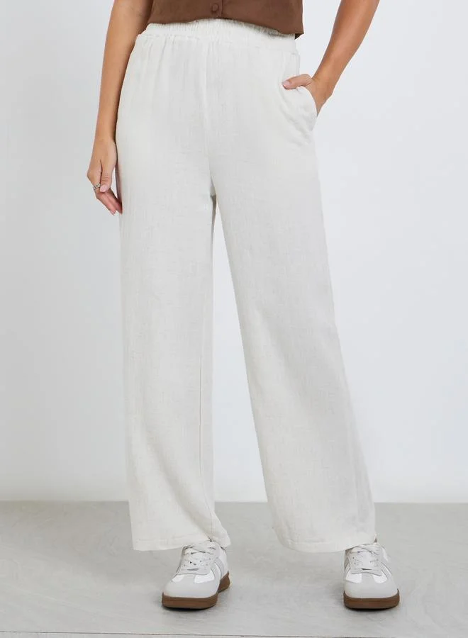 Styli Styli White Linen Look Pants with Elastic Waist