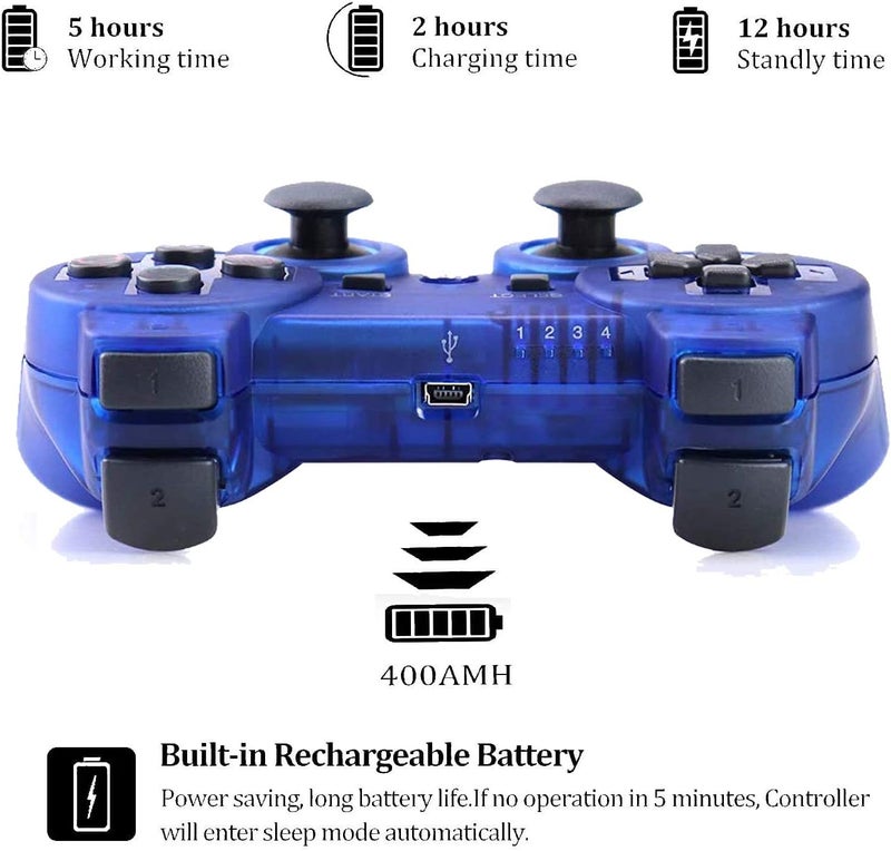 Burcica Wireless Controller for PS-3 Motion Sense Double Vibration Upgraded Gaming Remote for Play 3 with Charging Cord (Transparent Green and Transparent Blue) - Image 4