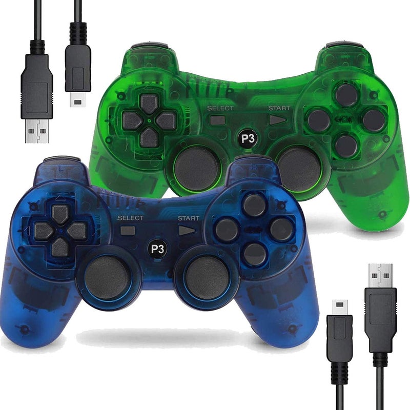 Burcica Wireless Controller for PS-3 Motion Sense Double Vibration Upgraded Gaming Remote for Play 3 with Charging Cord (Transparent Green and Transparent Blue) - Image 1