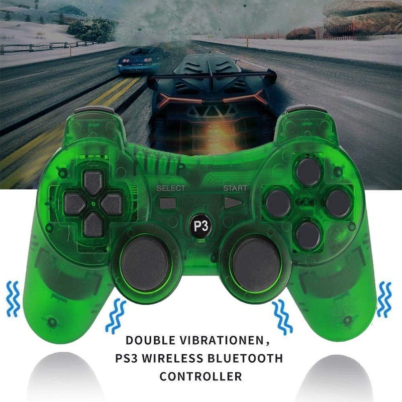 Burcica Wireless Controller for PS-3 Motion Sense Double Vibration Upgraded Gaming Remote for Play 3 with Charging Cord (Transparent Green and Transparent Blue) - Image 3