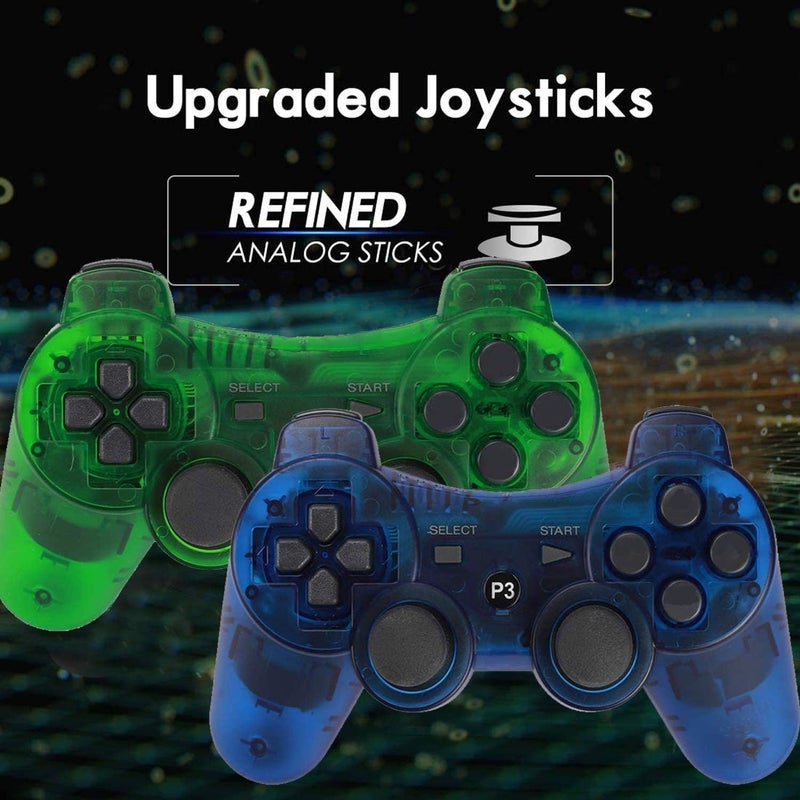 Burcica Wireless Controller for PS-3 Motion Sense Double Vibration Upgraded Gaming Remote for Play 3 with Charging Cord (Transparent Green and Transparent Blue) - Image 2