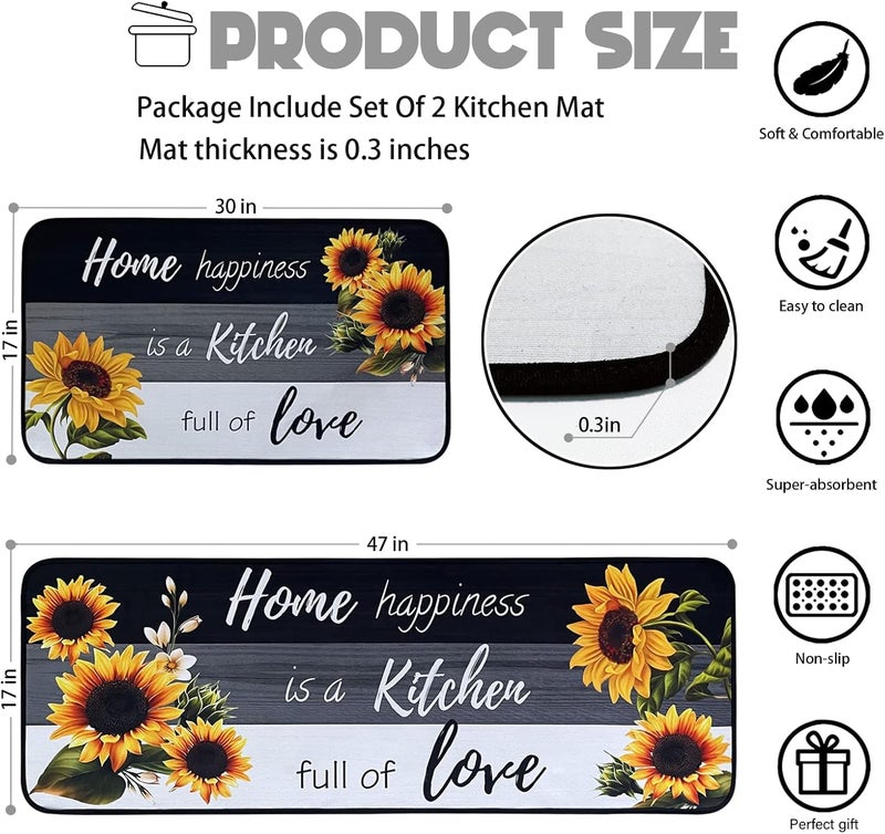 Voanos Sunflower Kitchen RugsNon Skid Washable Microfiber mats for Kitchen Floor Black White Kitchen Cushioned Runner Rug Decor Sets of 2Size 17x 4717x 30 - Image 3