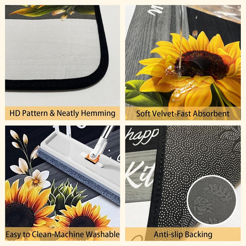 Voanos Sunflower Kitchen RugsNon Skid Washable Microfiber mats for Kitchen Floor Black White Kitchen Cushioned Runner Rug Decor Sets of 2Size 17x 4717x 30 - Image 4
