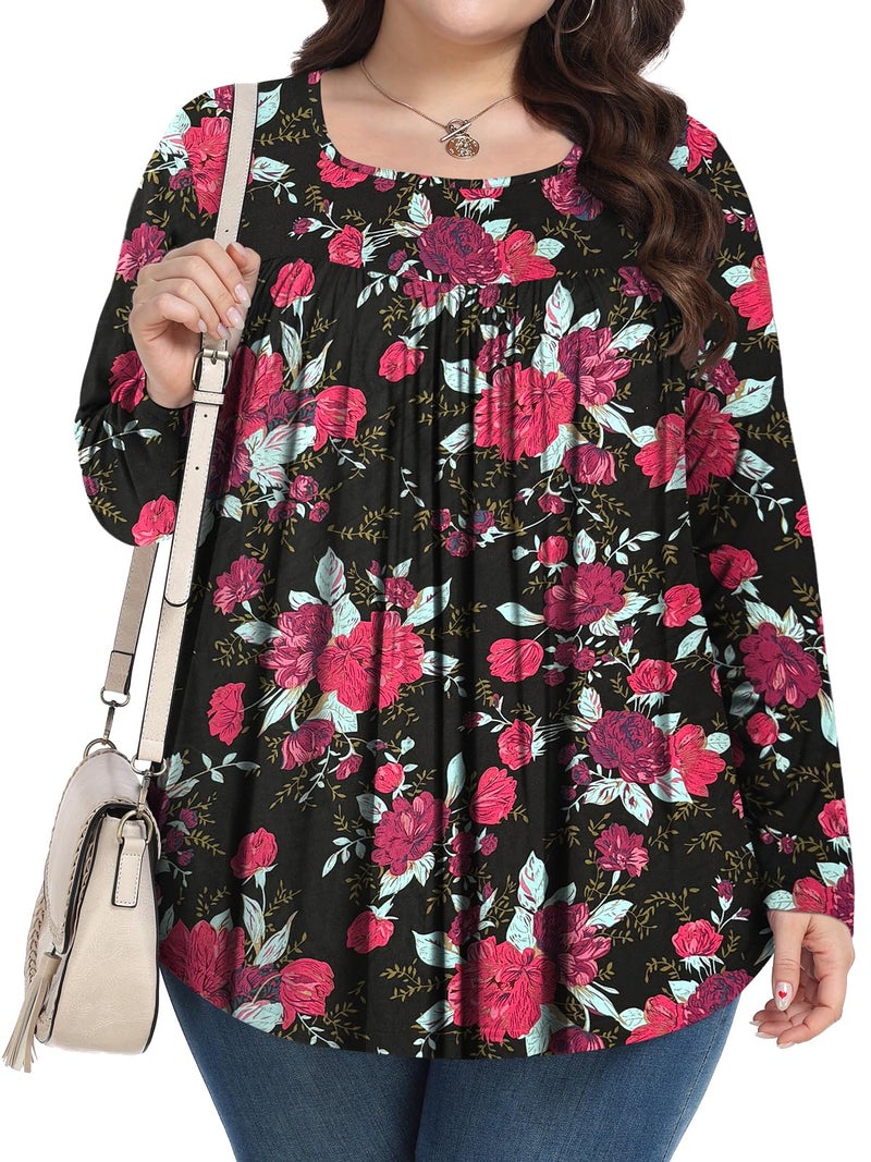 PEVRL Womens Plus Size Tops Long Sleeve Shirts 2025 Fall Tunic pink background rose 3X - Image 2