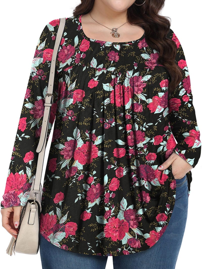 PEVRL Womens Plus Size Tops Long Sleeve Shirts 2025 Fall Tunic pink background rose 3X - Image 1